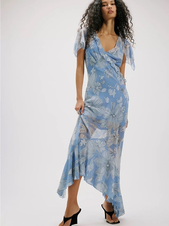 Free People Dresses & Skirts - Free People Sky Blue Floral Asymmetrical Maxi Dress